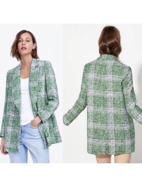 Zara Green white Plaid Tweed Double-Breasted Blazer jacket Sz XS
